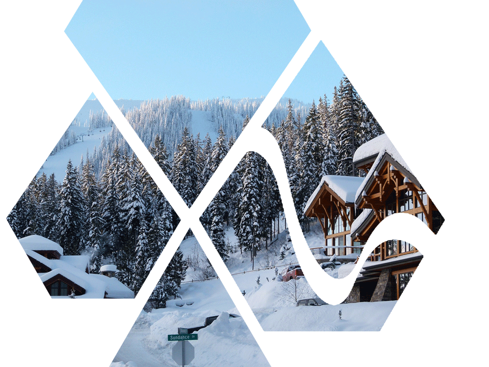 incrustation d'une image de chalets dans une forme personnalisée rappelant la forme du logo de la station de ski